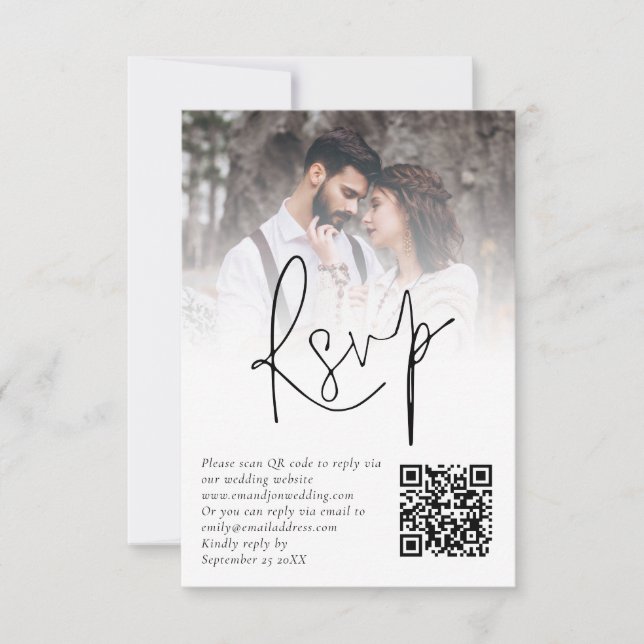 Minimalist Photo Overlay QR Code Wedding RSVP Card (Front)
