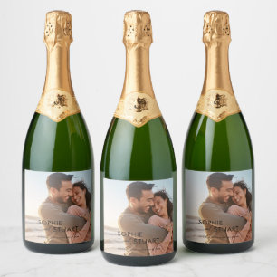 Minimalist Photo Overlay Simple Typography Wedding Sparkling Wine Label