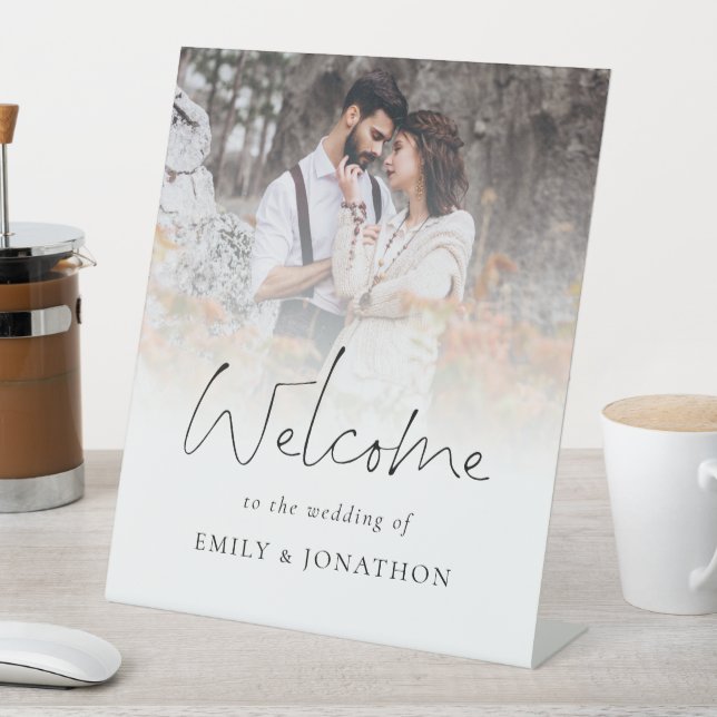 Minimalist Photo Overlay Welcome to Wedding Pedestal Sign (In SItu)