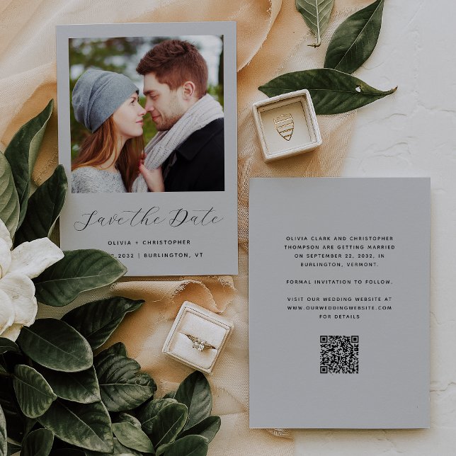 Minimalist Photo Pale Grey Script QR Code Save The Date (Creator Uploaded)