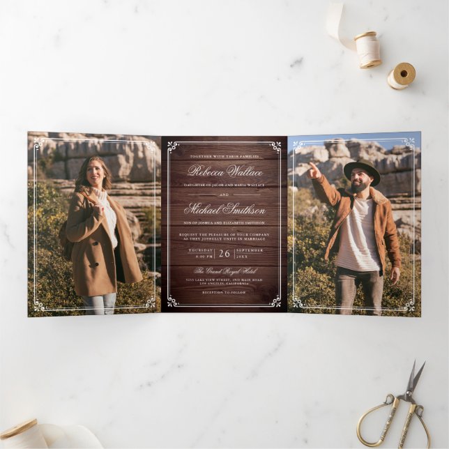 Minimalist Photo Rustic Barn Wood QR Code Wedding Tri-Fold Invitation (Inside)
