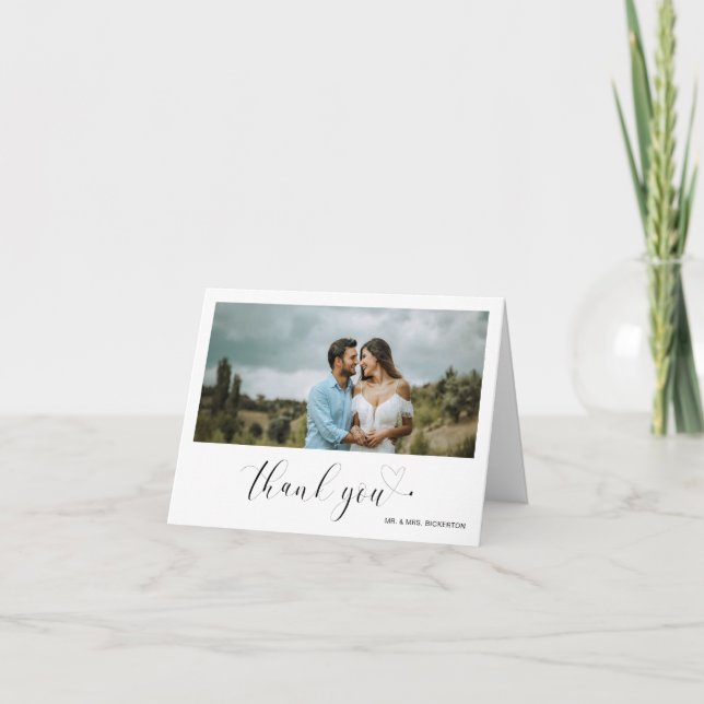 Minimalist Photo Simple Heart Elegant Wedding Thank You Card (Front)