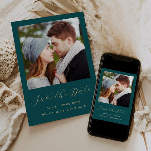 Minimalist Photo Teal Blue Gold Script Save The Date