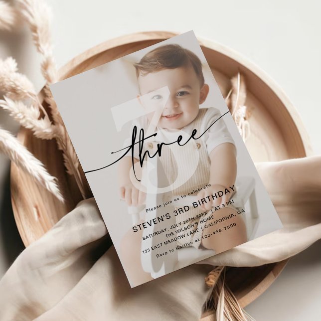 Minimalist Photo Three 3rd Birthday Invitation (Creator Uploaded)