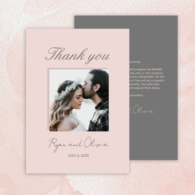 Minimalist Photo Wedding grey pink customised Thank You Card (Creator Uploaded)