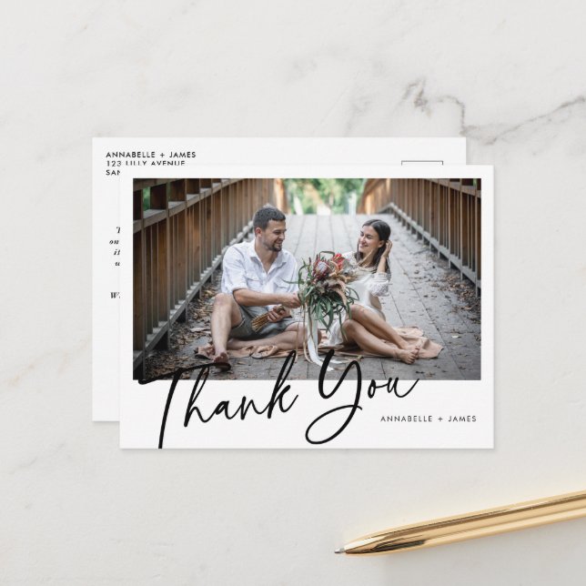 Minimalist Photo Wedding Thank You Postcard (Front/Back In Situ)