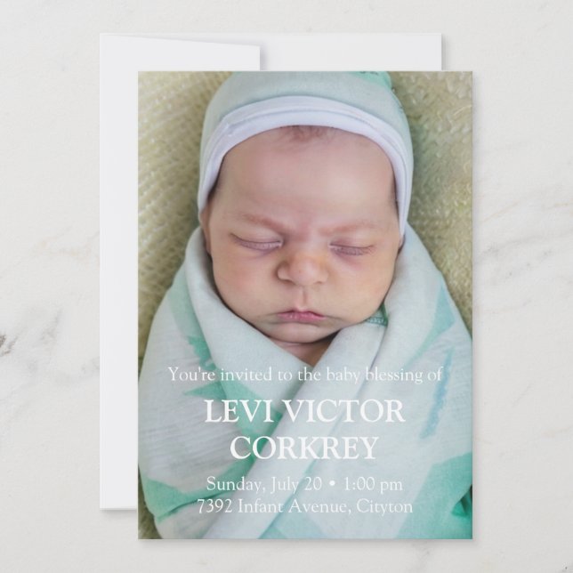 Minimalist Photo + White Text Baby Blessing Invitation (Front)