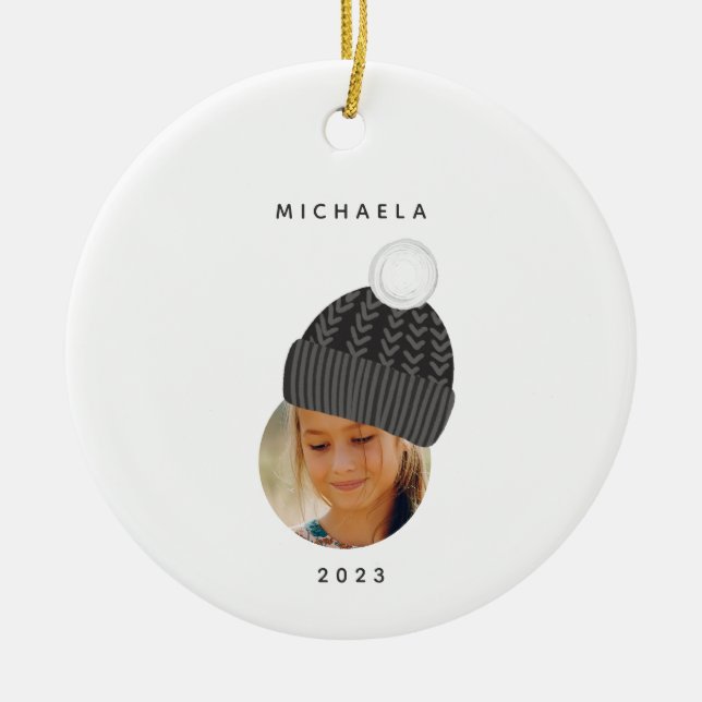 Minimalist Photo with Black Hat Christmas Ceramic Tree Decoration (Front)