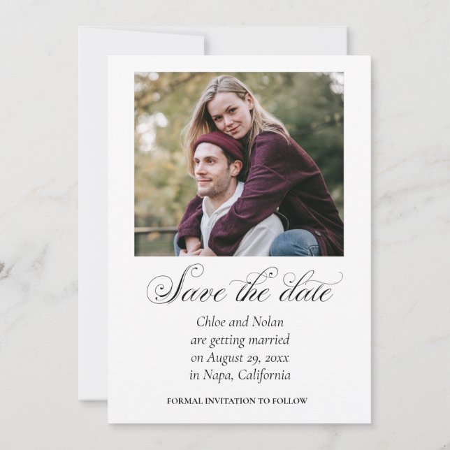 Minimalist Photo with Elegant Script Save The Date (Back)
