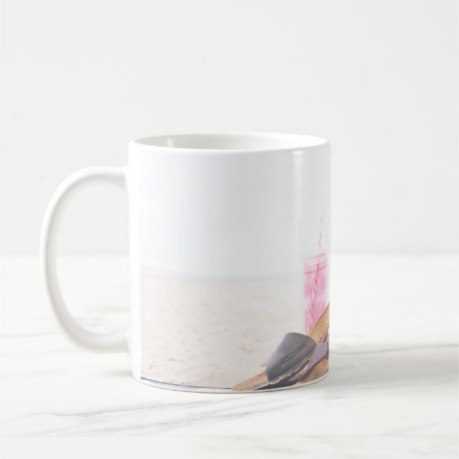 Minimalist photography of pineapple near sandals a coffee mug (Left)