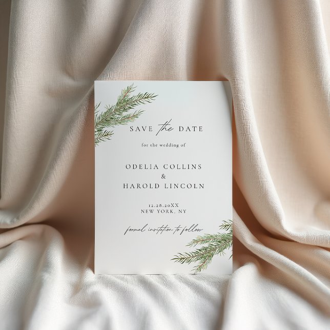 Minimalist Pine Branch Winter Save The Date Card (Creator Uploaded)