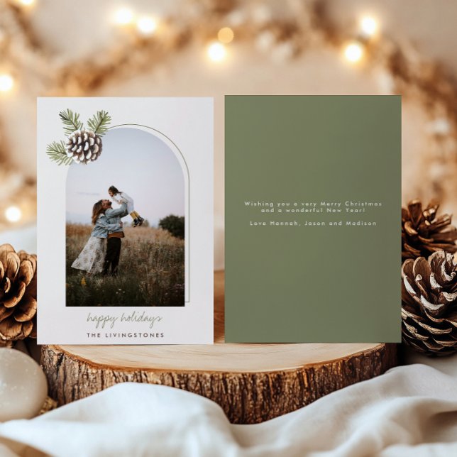 Minimalist Pine Cone & Leaves Double Arch Photo   Holiday Card (Creator Uploaded)