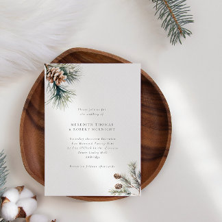 Minimalist Pine Leaves & Pine Cones Winter Wedding Invitation