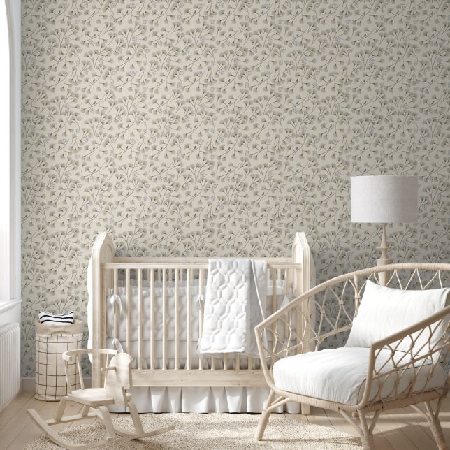 Minimalist Pine Tree and Bird Pattern in Cream – C Wallpaper (Kids)