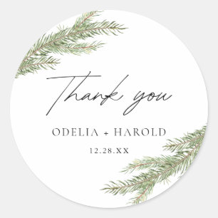 Minimalist Pine Tree Branch Winter Wedding Classic Round Sticker