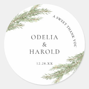 Minimalist Pine Tree Branch Winter Wedding Classic Round Sticker
