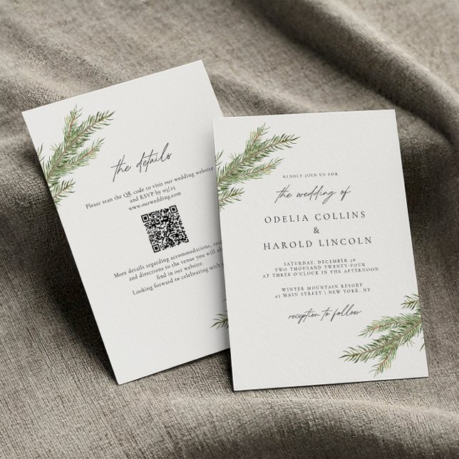 Minimalist Pine Tree Branch Winter Wedding QR Code Invitation (Creator Uploaded)