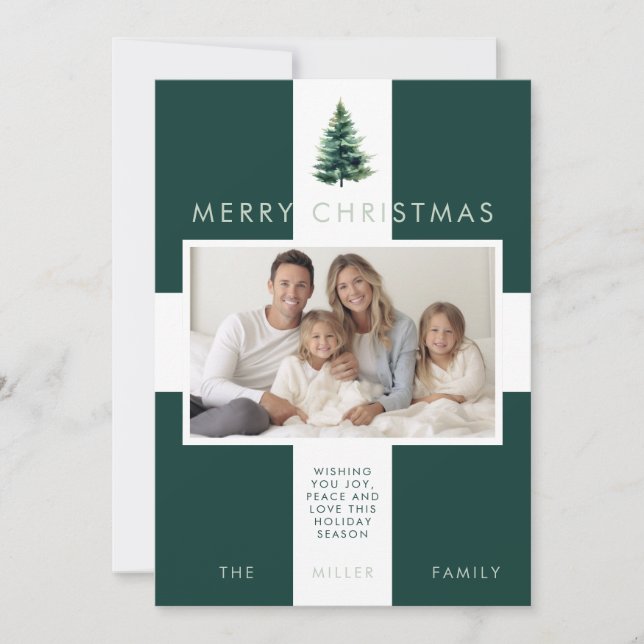Minimalist Pine Tree Green Christmas Holiday Photo Card (Front)