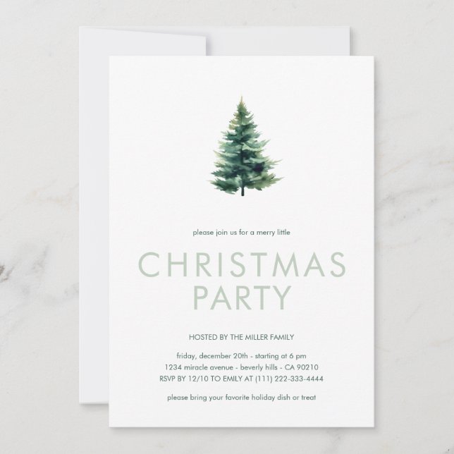 Minimalist Pine Tree Green Christmas Party Invitation (Front)