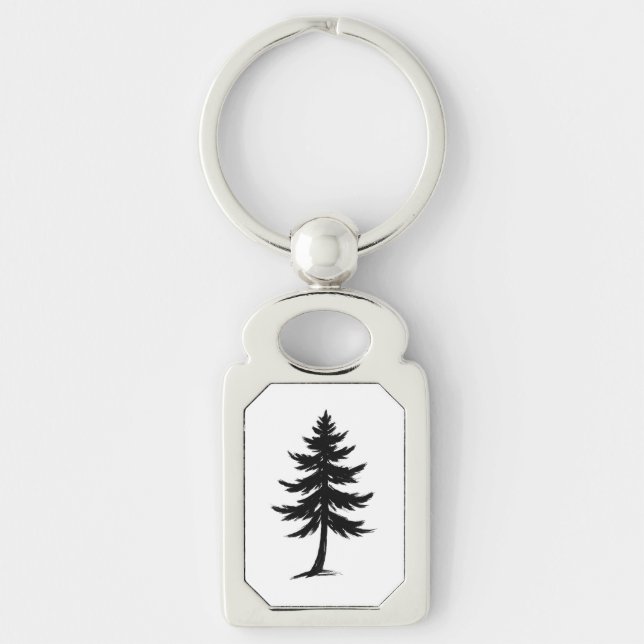 Minimalist Pine Tree – Ink Brush Forest Design on Key Ring (Front)