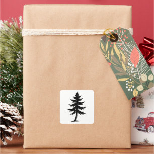 Minimalist Pine Tree – Ink Brush Forest Design on Square Sticker