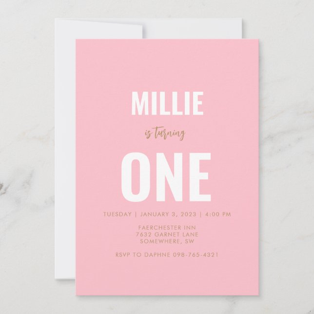 Minimalist Pink 1st Birthday Invitation (Front)