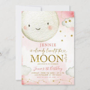 Minimalist Pink and Gold Moon Girl Birthday Theme Invitation