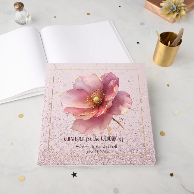 Minimalist Pink and Gold Poppy Wedding Guest Book (Front Open)