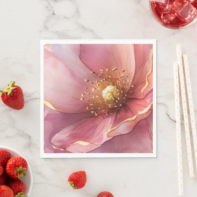 Minimalist Pink and Gold Poppy Wedding Napkin (Insitu)