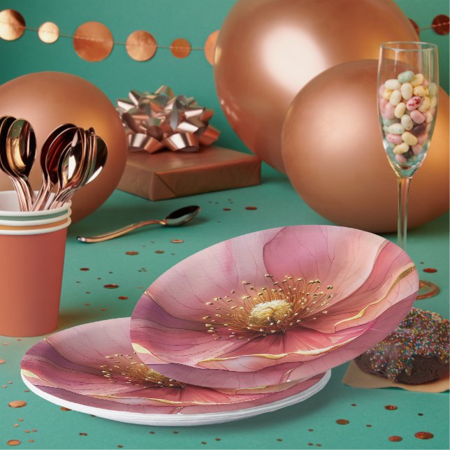 Minimalist Pink and Gold Poppy Wedding Paper Plate (Multi)