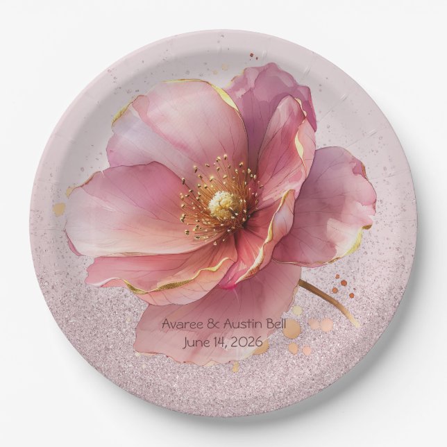 Minimalist Pink and Gold Poppy Wedding Paper Plate (Front)