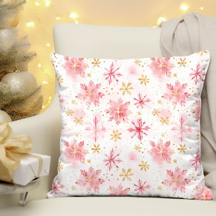 Minimalist Pink and Gold Winter Snowflakes Cushion