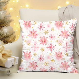 Minimalist Pink and Gold Winter Snowflakes Cushion