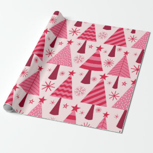 Minimalist  Pink and Red Christmas Trees Pattern  Wrapping Paper