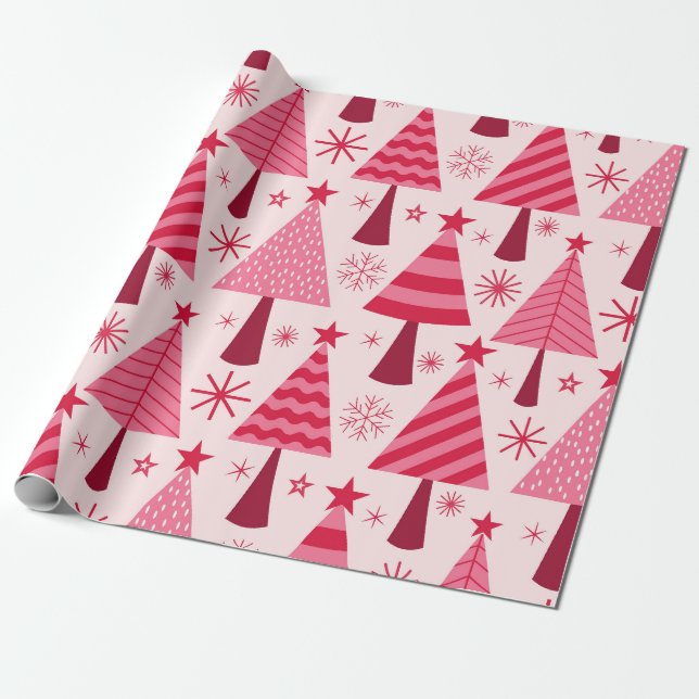 Minimalist  Pink and Red Christmas Trees Pattern  Wrapping Paper (Unrolled)