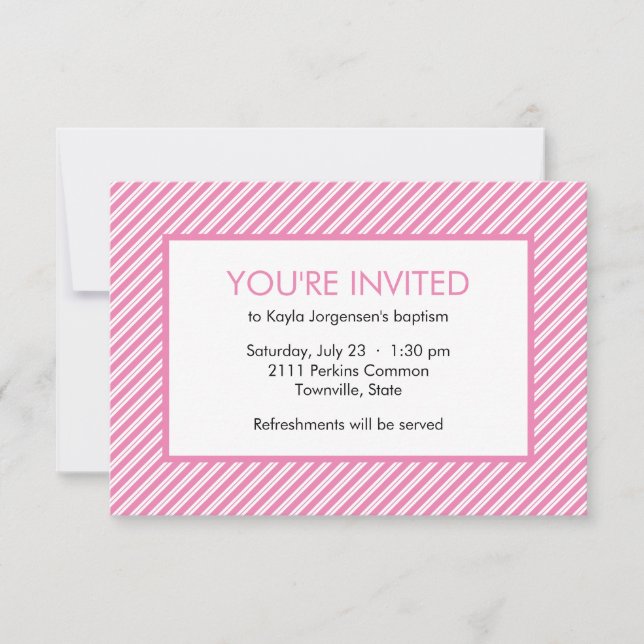 Minimalist Pink and White Diagonal Stripe Baptism Invitation (Front)