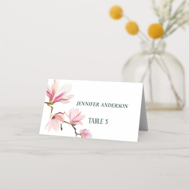 Minimalist Pink and White Magnolia Flower Wedding  Place Card (Front)