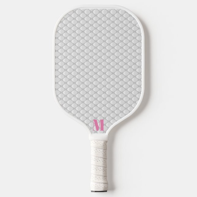 Minimalist Pink and White Pearl Modern Monogram  Pickleball Paddle (Front)