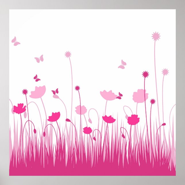 Minimalist Pink and White Poppies Meadow Floral Poster (Front)