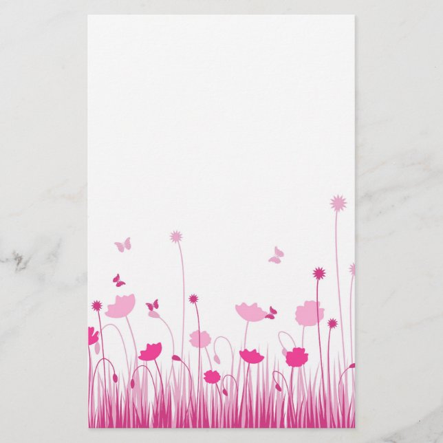 Minimalist Pink and White Poppies Meadow Floral Stationery (Front)