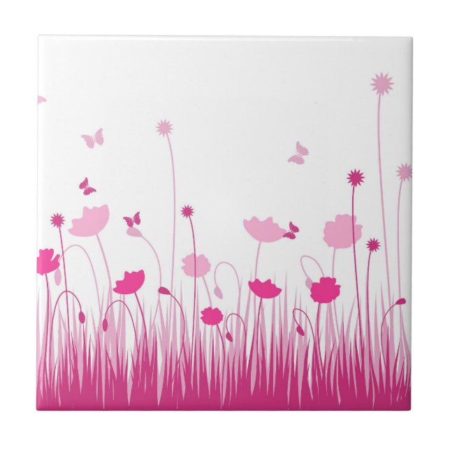 Minimalist Pink and White Poppies Meadow Floral Tile (Front)