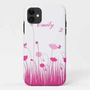 Minimalist Pink and White Poppies Meadow Name iPhone 11 Case