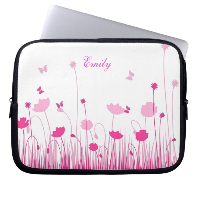 Minimalist Pink and White Poppies Meadow Name Laptop Sleeve (Front)