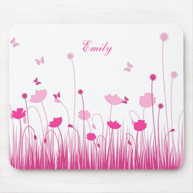 Minimalist Pink and White Poppies Meadow Name Mouse Mat (Front)