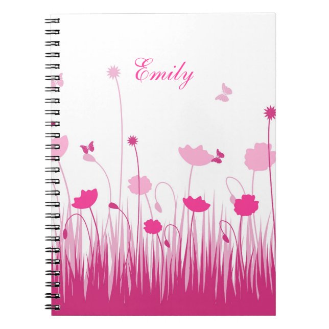 Minimalist Pink and White Poppies Meadow Name Notebook (Front)