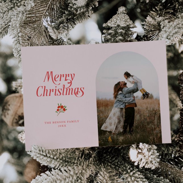 Minimalist Pink Arch Merry Christmas Photo Holiday Card (Creator Uploaded)