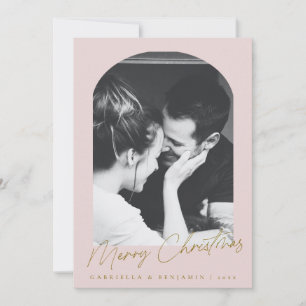 Minimalist Pink Arch Two Photo Christmas Letter Holiday Card