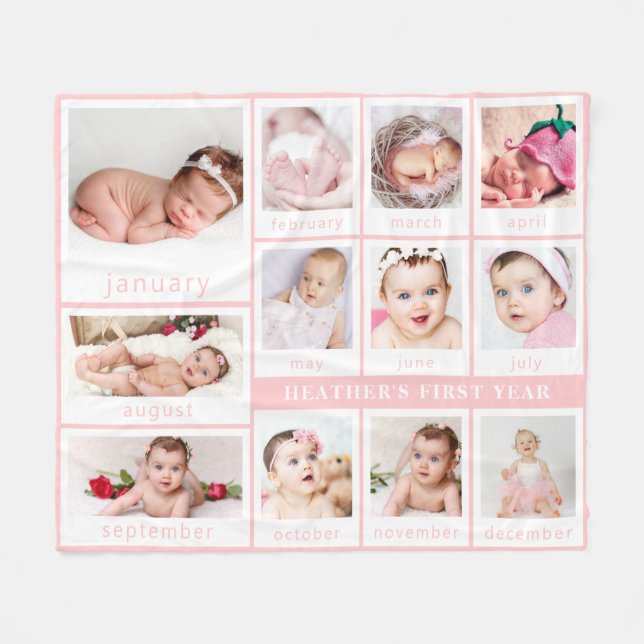 Minimalist Pink Baby's First Year Photos Fleece Blanket (Front (Horizontal))