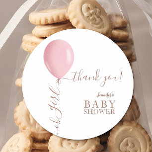 Minimalist Pink Balloon Oh Girl Baby Shower Classic Round Sticker