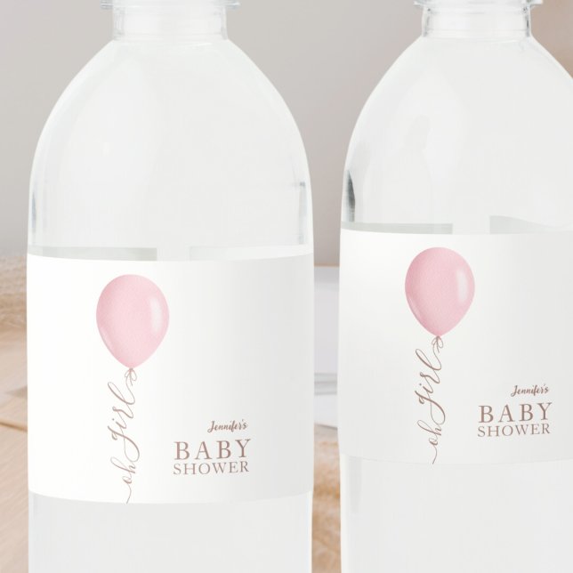 Minimalist Pink Balloon Oh Girl Baby Shower Water Bottle Label (Creator Uploaded)